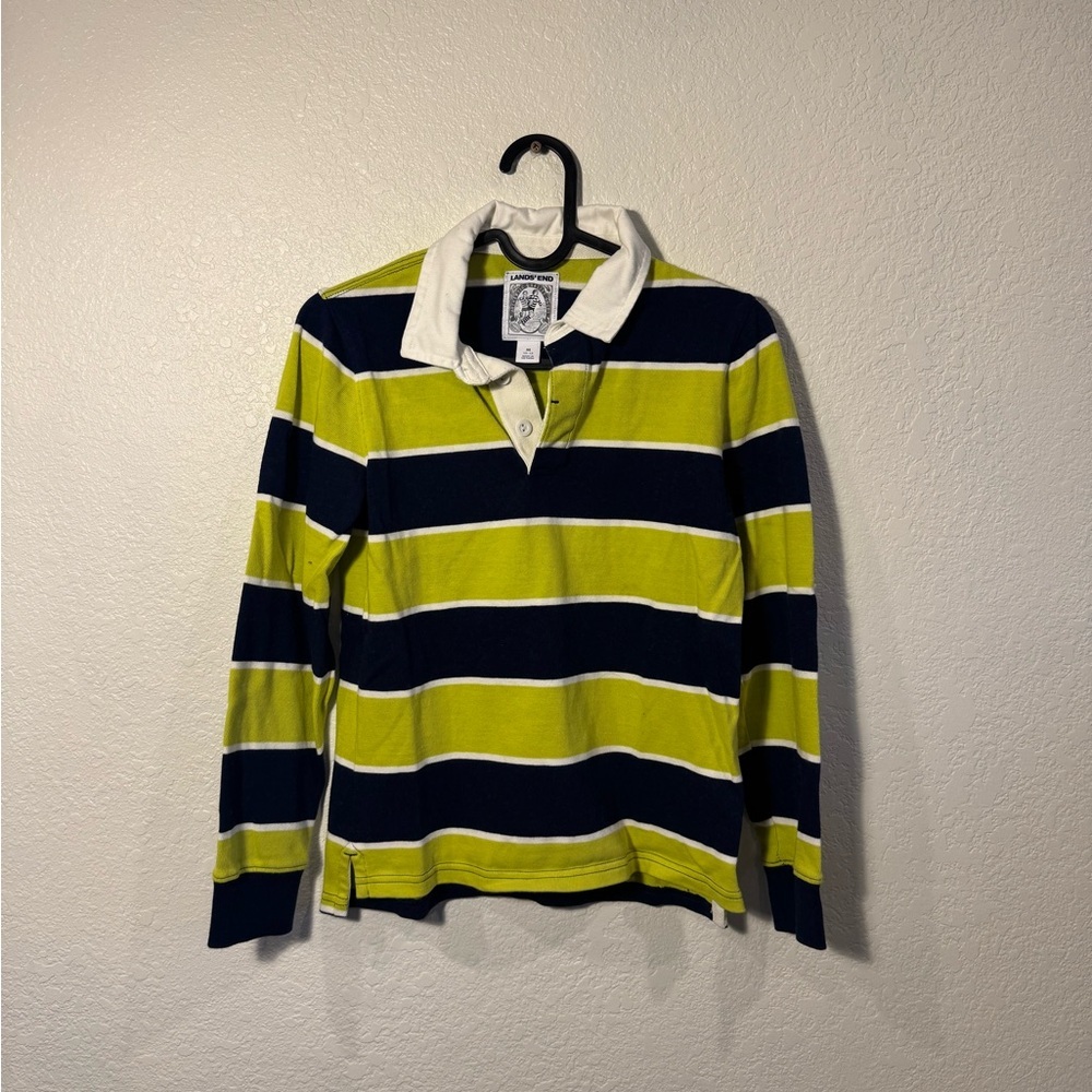 Lands' End Navy and Green Preppy Rugby Striped Boys’ Long Sleeve Polo Shirt 10
